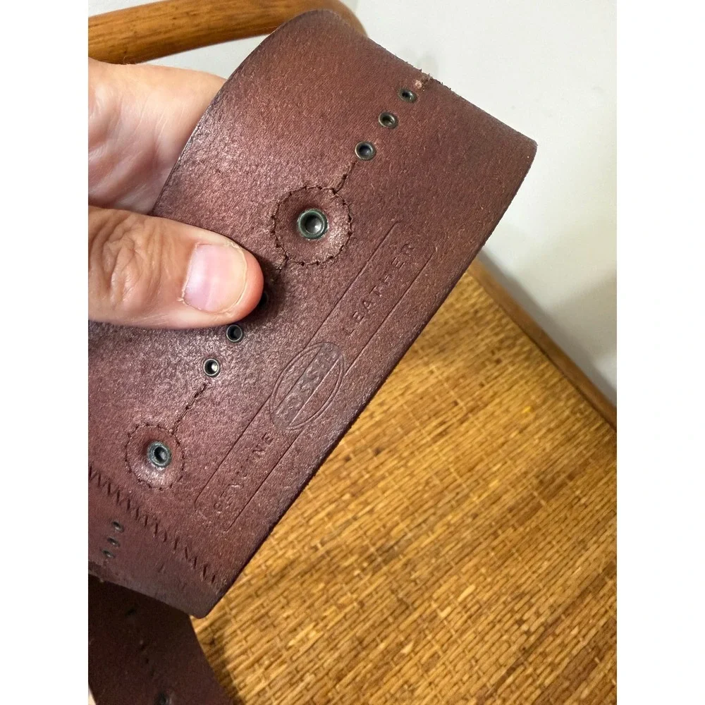 Fossil Wide Leather Belt Brown Studded Brass Horseshoe Ring Buckle Boho Western